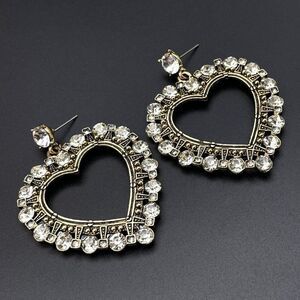 Antique Yellow Gold with White Diamond Crystal Open Heart Dangling Post Earrings